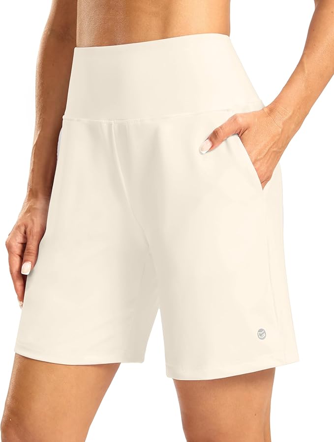 Women's Athletic Shorts with Zipper Pocket 7" High Waisted Stretchy Bermuda Shorts for Women Workout Running Casual