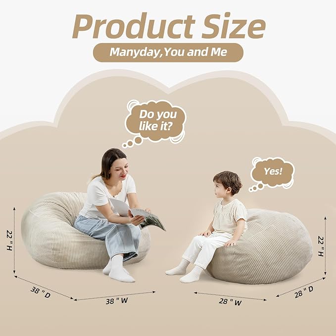 Bean Bag Chair with Corduroy Cover and Memory Foam Filled for Teens and Kids, Small Comfy Fluffy Floor Chair for Living Room Bedroom (Beige, 2.5FT)