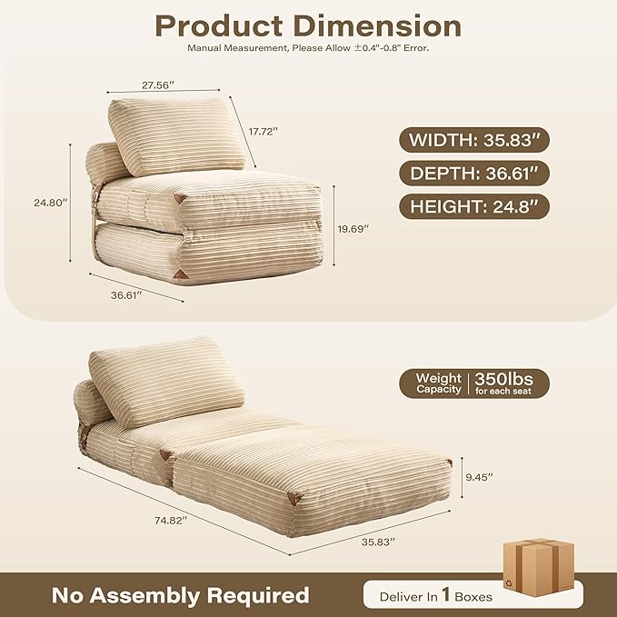75''Foldable Sofa Bed,Beige Convertible Folding Sleeper Chair Bed,Foldable Single Sofa Foam Filling Couch with Pillow, Comfy Corduroy Lazy Floor Sofa for Small Room Living Room Bedroom Apartment