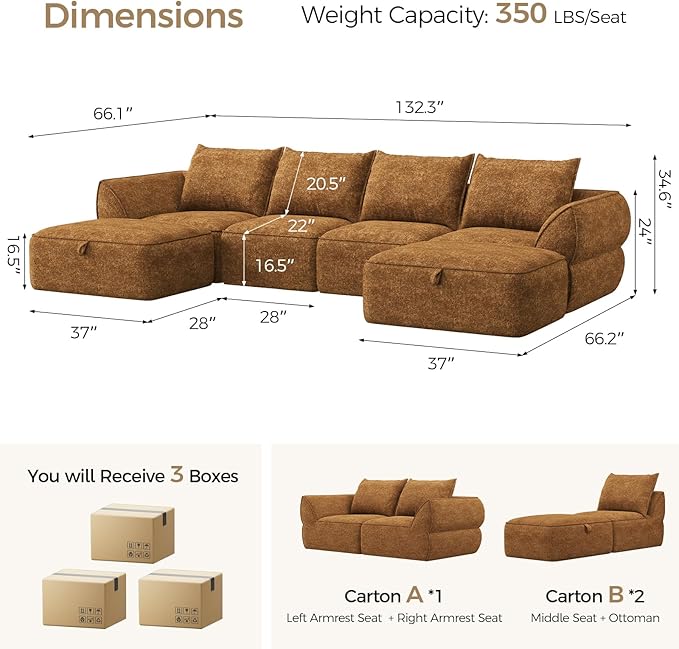 132" Modular Sectional Sofa with Deep Seat, U-Shaped Cloud Couch for Living Room, 4-Seater Boneless Sofa with 2 Ottomans, Flexible Combination Modern Upholstery Sofa, No Assembly Required, Orange