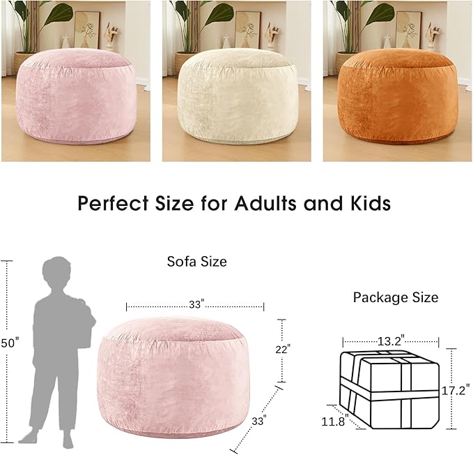 Bean Bag Chairs for Adults - Memory Foam Furniture BeanBag Chair - Kids/Teens Sofa with Soft Micro Fiber Cover - Round Fluffy Couch for Living Room Bedroom College Dorm - 3 ft, Pink