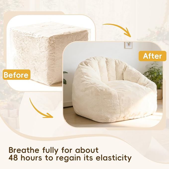 Giant Bean Bag Chair with Armrests 47 Inch Large Plush Bean Bag Couch for Adults and Kids Fluffy Faux Fur Shell-Shaped Oversized Comfy Stuffed Sofa with Filler for Living Room, Bedroom & Dorm, Begie