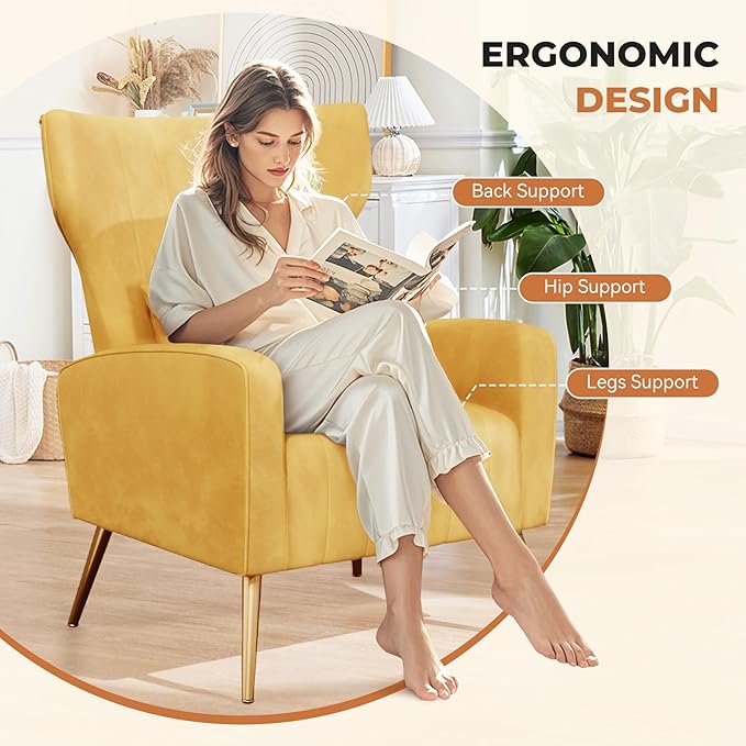 Nalupatio Modern Accent Chairs for Set of 4 Upholstered Velvet Fabric Reading Chair Mid Century Arm Chair Comfy Armchair for Living Room,Yellow