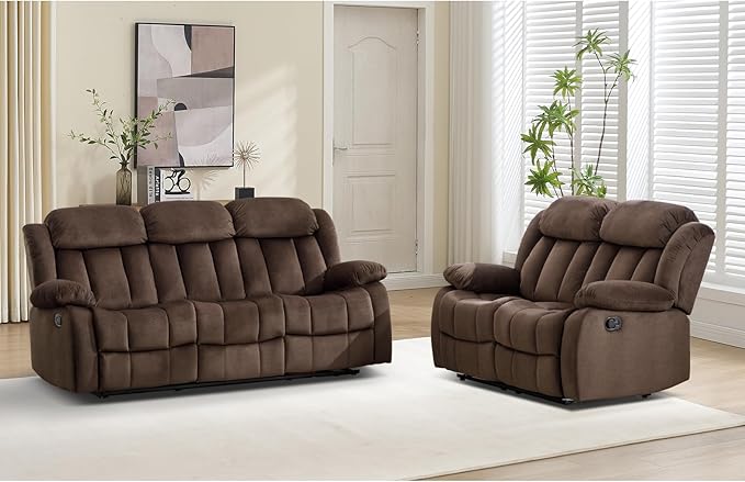 EBELLO Manual Reclining Sofa Set, Classic 5-Seater Furniture Set with Overstuffed Arms and Backrest, Include 1 Loveseat Couch and 1 3- Seat Sofa, Brown