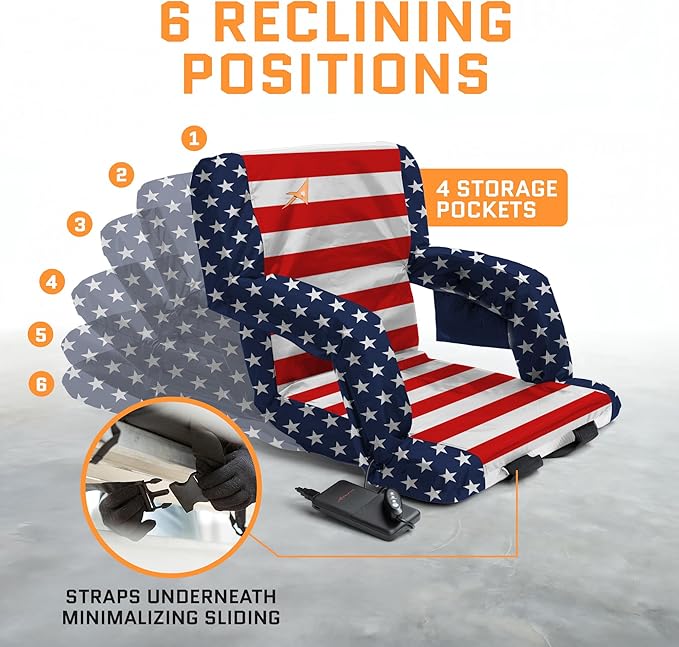 Heated Stadium Seats for Bleachers with Back Support – USB Battery Included - Upgraded 3 Levels of Heat - Foldable Chair - 4 Pockets for Snacks, Cup Holder - for Camping, Games & Sports (USA Flag)