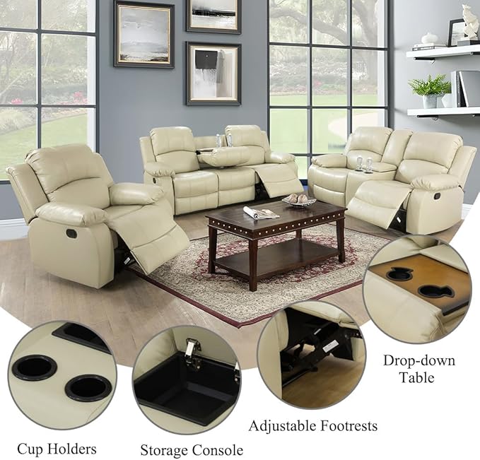 AYCP Bonded Leather Living Room Furniture Set Reclining Sofa Set Loveseat Furniture Sets in Living Room Sofa Recliners (3 Pieces, Beige)