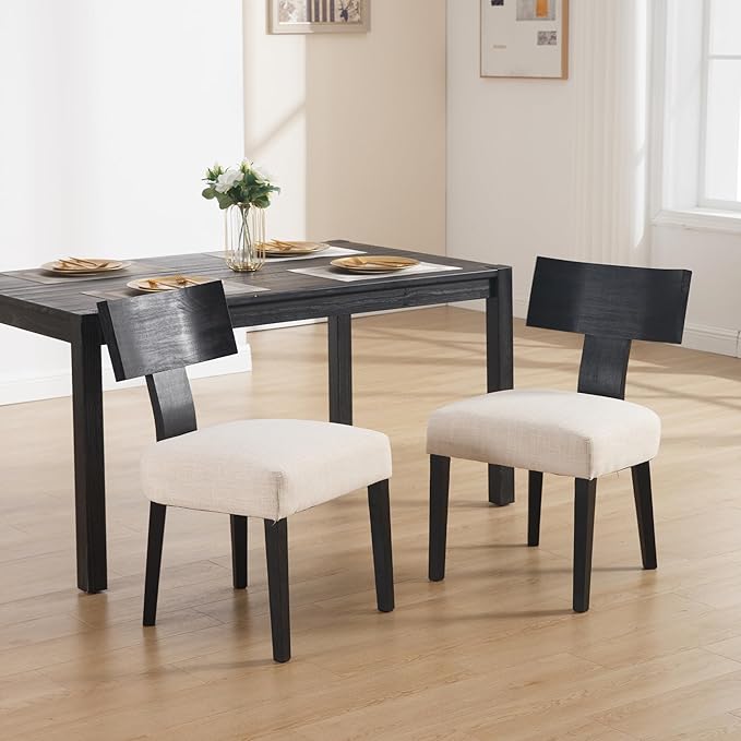 DM Furniture Farmhouse Dining Chairs Set of 2, Linen Fabric Upholstered Kitchen Chairs with Black Distressed Wooden Legs, Comfy Armless Side Chairs for Dining Room/Restaurant, Beige-Black Legs