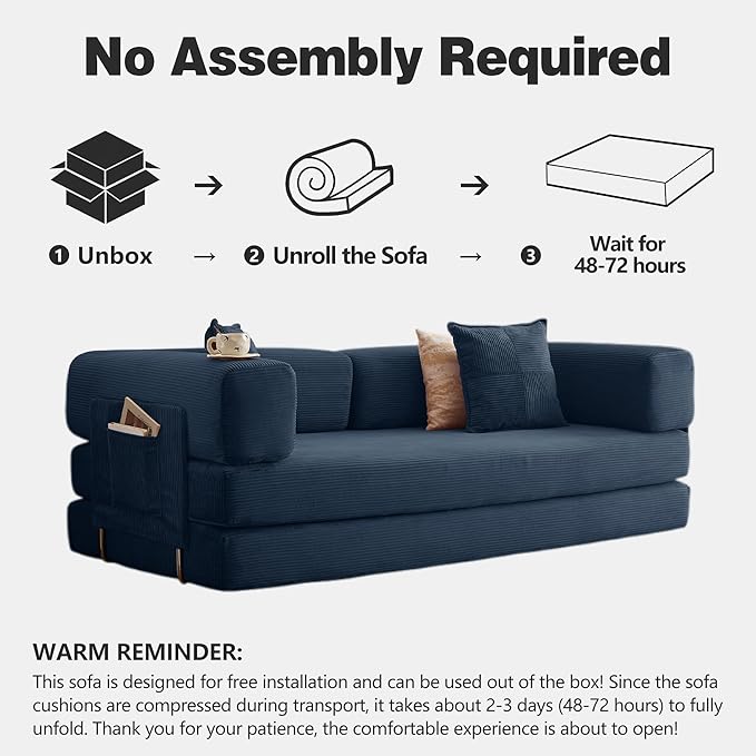 LIAROO 78.8" Convertible Sofa Bed -Compression Sofa with Corduroy Fabric - with Armrests and Backrest - Modular Sectional for Living Room, Bedroom, Studio - Compression Sofa in Box (Dark Blue)