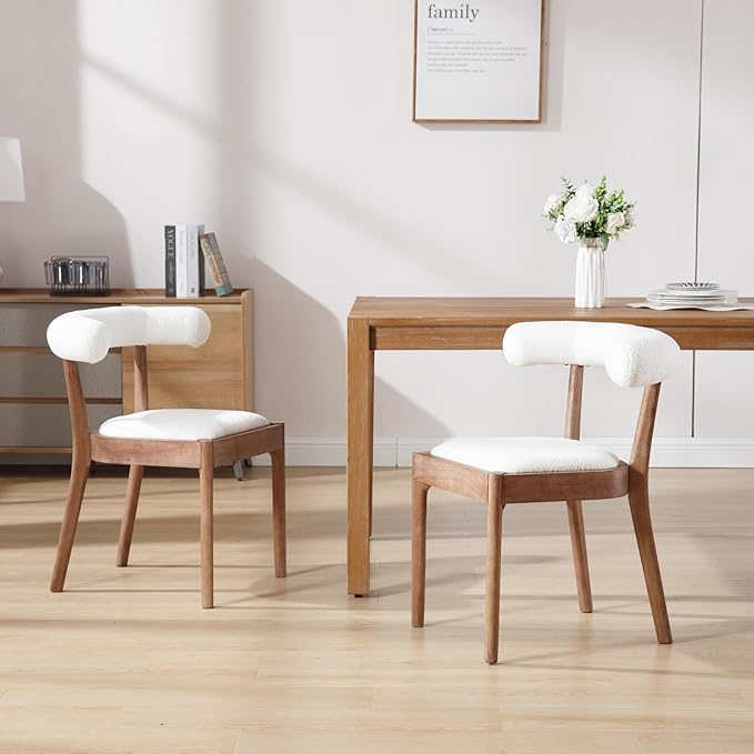 Kmax Dining Room Chairs Mid-Century Modern Sherpa Kitchen Chairs with Natural Walnut Finished Frame, Fur Curved Back, Set of 2, White