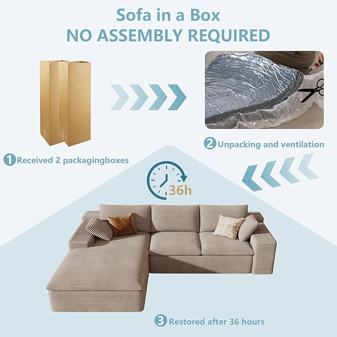 107" Cloud Sectional Couch with L-Shape Chaise, Modern Corduroy Viral Boneless Sofa for Living Room,Memory Foam Couches in a Box with Deep Seat,No Assembly Required (Camel,Left-Facing Chaise)