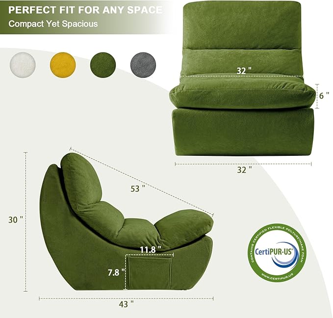 Comfy Reading Chair for Adults, Modular Sectional Sofa Bean Bag Chair, Cloud Boneless Couch Style with High Rebound Foam, Single Seat Compressible Sofa for Living Room & Bedroom, Green