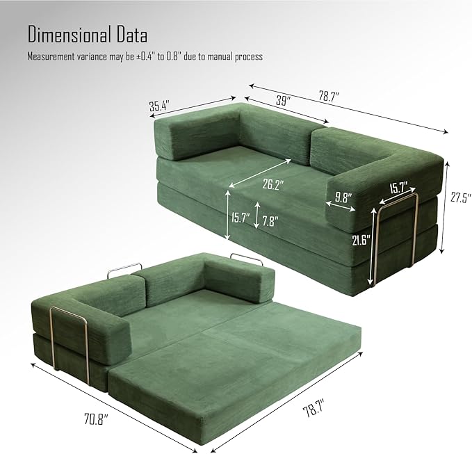 79 Inch Convertible Sofa Bed Couch in Box, 5 in 1 Folding Modular Boneless Couch with Pull Out Bed 2 Pillows, Soft Corduroy Floor Futon Lounge Loveseat Sleeper Lazy Cama No Assembly Green