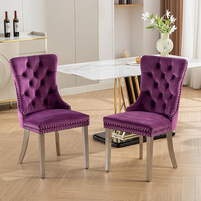 YeahFurn Mid Century Modern Dining Chairs Set of 2, Purple Velvet Upholstered Tufted Back, Kitchen & Dining Room Chairs, Brushed Silver Metal Legs, Nailhead Trim, Sillas para Comedor (Purple, 2 Pcs)