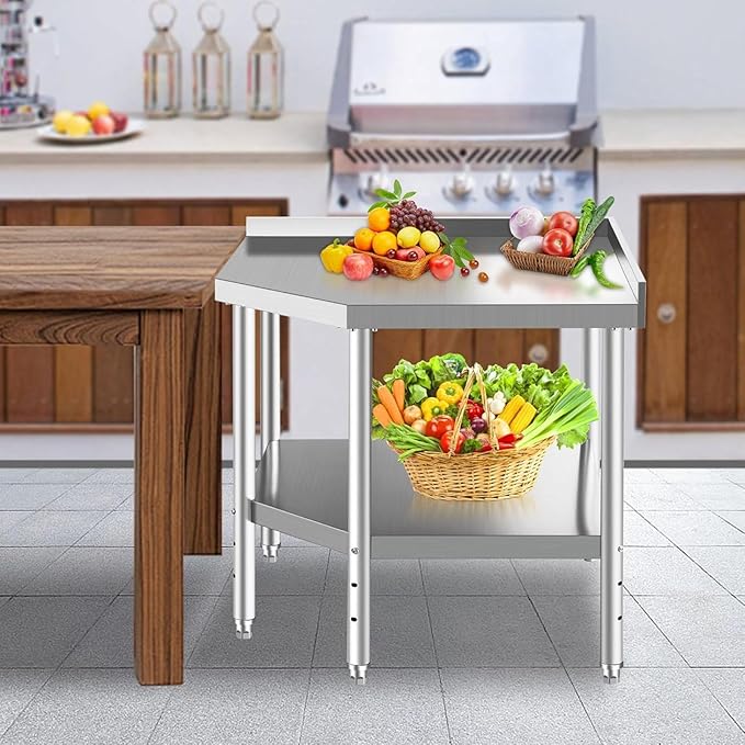 Commercial Stainless Steel Corner Work Table – NSF Approved with Splash Guard & Adjustable Shelf, Heavy Duty Kitchen Prep Bench for Restaurant & Home Use, Silver