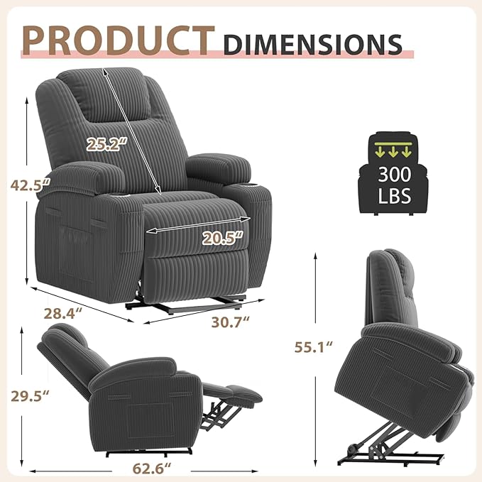 Flamaker Power Lift Chair Massage Recliner Chairs for Elderly, Corduroy Ergonomic Design with Cup Holders & Side Pockets, Remote Control (Dark Gray)