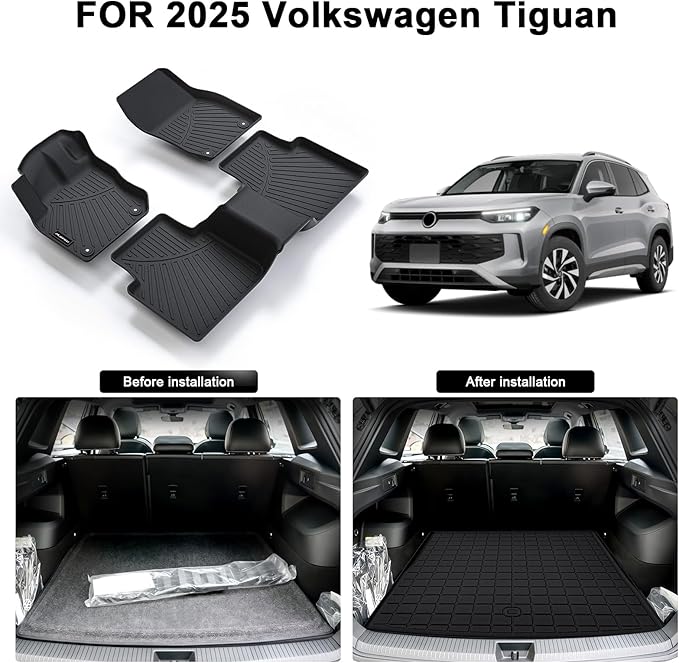Floor Mats for 2025 Volkswagen Tiguan & Cargo Mat,TPE All Weather Protection Car 1st & 2nd Row Floor Liners with Trunk Mat Accessories