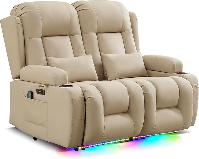 URRED Loveseat Recliner Sofa with Massage and Heat, Power Reclining Loveseat Sofa RV Couch Home Theater Seating with LED Lights, Cup Holders, Side Pockets, USB, Pillows, Leathaire Beige