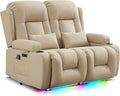 URRED Loveseat Recliner Sofa with Massage and Heat, Power Reclining Loveseat Sofa RV Couch Home Theater Seating with LED Lights, Cup Holders, Side Pockets, USB, Pillows, Leathaire Beige
