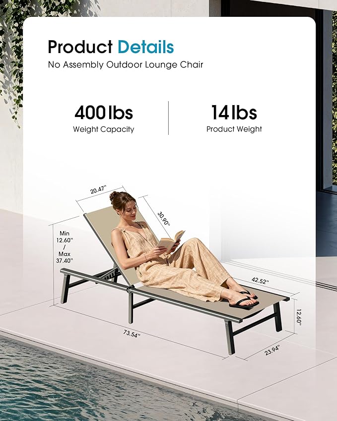 Ciokea Aluminum Outdoor Lounge Chair Set of 2- No Assembly Needed, Foldable Patio Chaise Lounge with 5 Adjustable Positions, Reinforced Frame for Extra Durability, Pool Beach Lounge Chair, Khaki