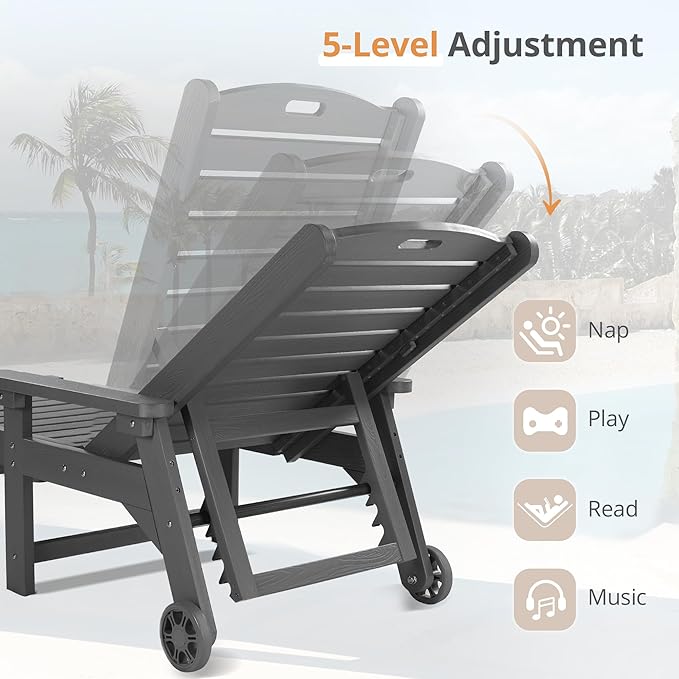 LUE BONA Outdoor Chaise Lounge Chairs Set of 2, HDPS Chaise Lounger, 5 Positions Adjustable Lounge Chairs, Pool Lounge Chair with Wheels for Poolside, Hotel, Restaurant, 3 Year Warranty, Dark Gray