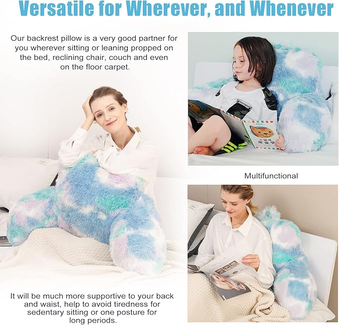 Jillche Bed Stylish Ross Fur Adults & Kids Reading Pillow, Cozy Soft Bed Wedge Pillow with Premium Stuffing, Pastel Back Support Pillow Gift, Sit up Bolster Pillow with Arms, Bed Chair Back Cushion
