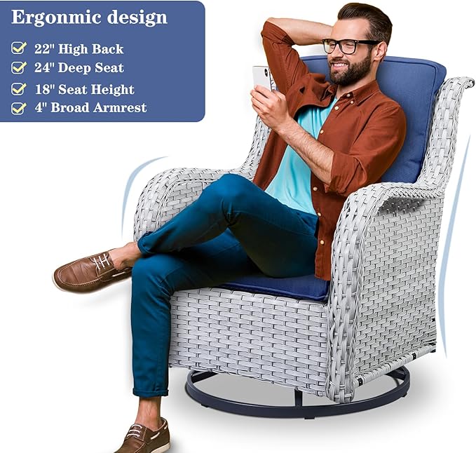 Belord 5 Piece Outdoor Patio Furniture Set - Patio Wicker Furniture Conversation Set, Outdoor Swivel Rocker Chairs with Loveseat Sofa and 2 Ottomans for Small Space, Blue Cushion