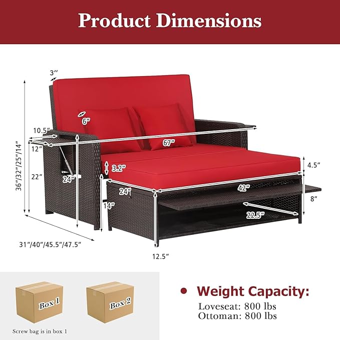 RELAX4LIFE Wicker Patio Outdoor Daybed - Rattan Day Bed Lounger with Loveseat & Storage Ottoman, Sunbed Sofa Set w/Cushions, 4-Level Adjustable Backrest & 2 Retractable Trays, Patio Daybed (Red)