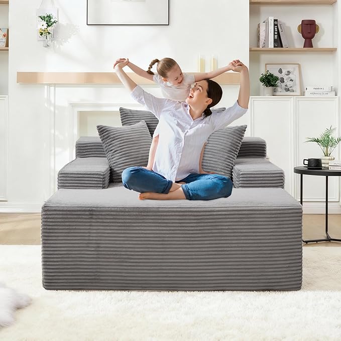 67.3'' Oversized Chaise Lounge Chair Indoor,Corduroy Boneless Couch with 3 Pillows Wide Armrest,Comfy Cloud Couch Sleeper Sofa Reading Chairs for Living Room Bedroom,No Assembly Required (Grey)
