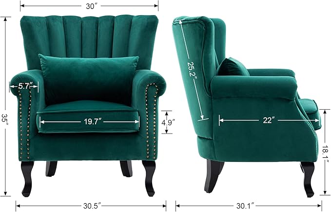 chairus Mid-Century Modern Accent Chairs Set of 2 Comfy Sofa Chairs Channel Back Armchairs with Small Pillow for Living Roon Bedroom Club - Velvet, Green