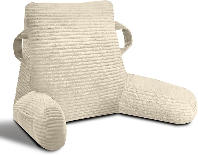 ABROLOY Reading Pillow for Sitting in Bed Adult, Bed Reading Pillow with Shredded Memory Foam, Back Pillow for Sitting with Arms and Pockets, Beige
