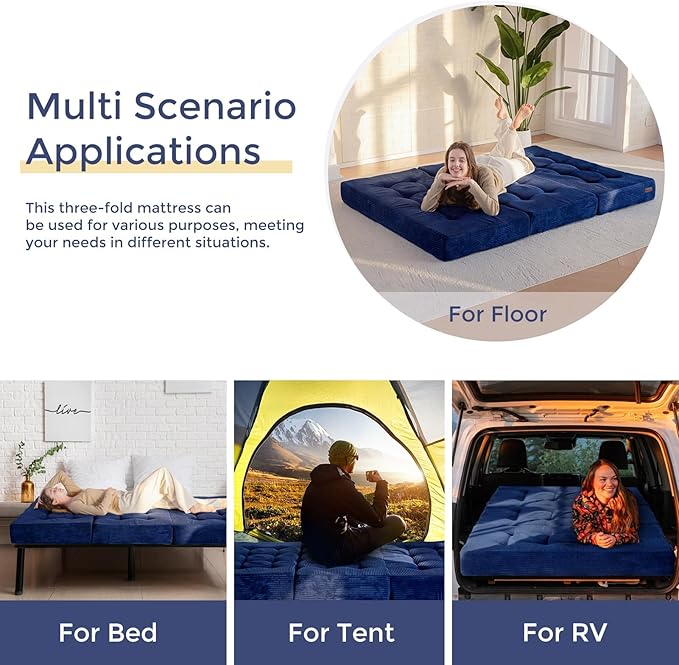 MAXYOYO Tri-Fold Mattress, 6 Inch Tufted Folding Futon Foam Bed, Foldable Floor Mattress Guest Bed Futon Topper Portable Camping Sleeping with Corded Fabric, Navy, 59"x79"