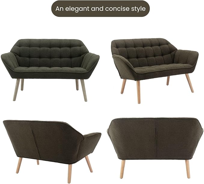 48" Green Small Loveseat Sofa, Comfy Faux Fur 2-Seat Love Seat with Wood Legs, Modern Tufted Wingback Upholstered Sofa Couch for Small Space Living Room Bedroom Apartment