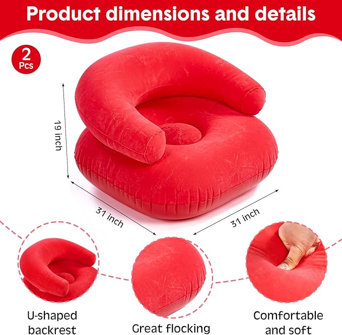 Threehoney 2 Pcs Inflatable Lounge Chair Deck Chair Lazy Sofa, Blow Up, Folding, Portable Couch for Home, Office Balcony, Floor Seating (Red)