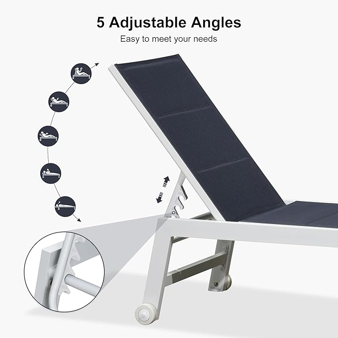 PURPLE LEAF Outdoor Oversized Chaise Lounge Set for Tall & Strong Individuals Adjustable Recliner Extra Wide Lounge Chairs with Side Table for Poolside Patio Aluminum Chaise Lounger Navy Blue 2 Sets