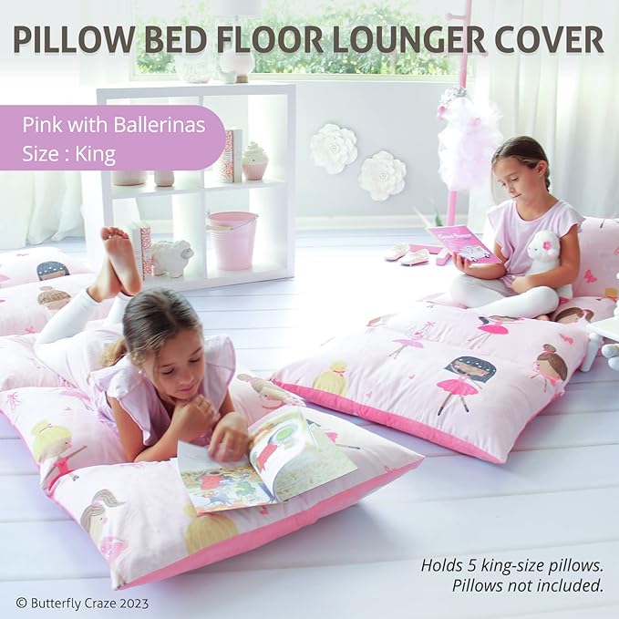 Butterfly Craze Floor Lounger Cover - Machine Washable Floor Mattress Cover - Versatile Seating & Sleeping Pad Alternative - Guest Bed Option for Sleepovers - King Size, Pink Ballerina