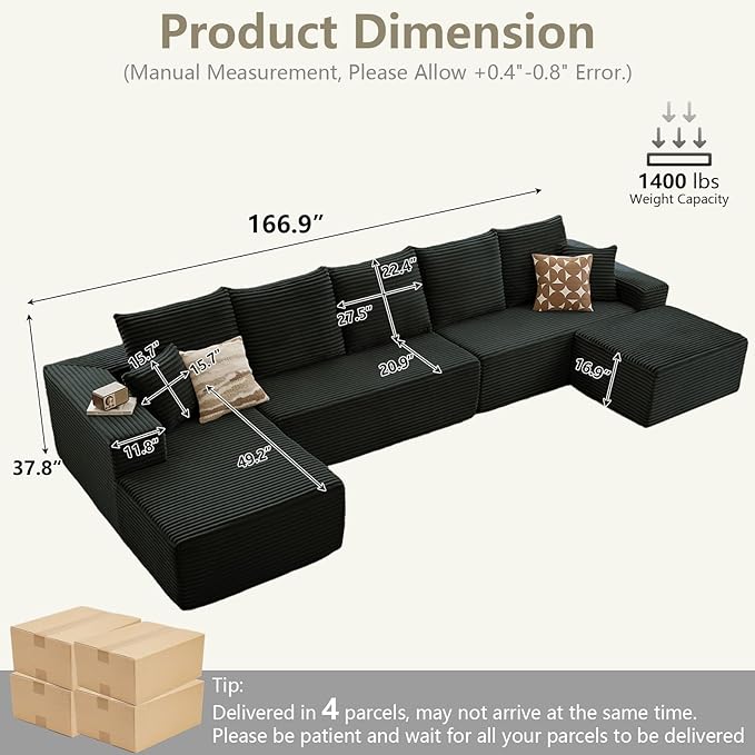 Lakifun 166.9" L-Shape Sofa with Ottoman, Modern Modular Sectional Comfy U-Shape Cloud Couch, Deep Seat, Upholstered Corduroy Sleeper Chaise Longue for Living Room Bedroom, No Assembly Required, Black