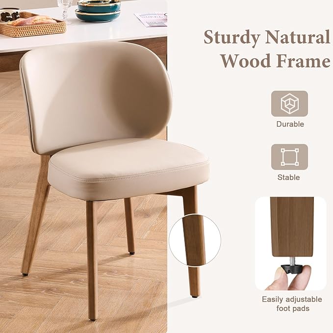YOUNUOKE Upholstered Dining Chairs Set of 6, Modern PU Leather Dining Room Chair with Soild Wood Legs, Widen Backrest Comfy Armless Side Kitchen Chairs, Khaki