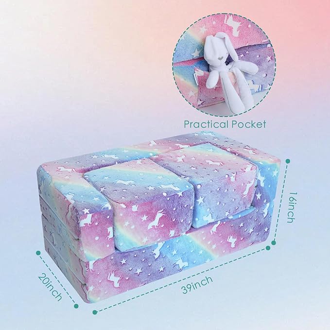MeMoreCool Glow in The Dark Kids Couch – Modular Fold-Out Toddler Sofa (Rainbow) | Convertible Play Couch for Bedroom & Playroom; Chair, Bed, Fort or Ball Pit; Machine-Washable Velour Cover