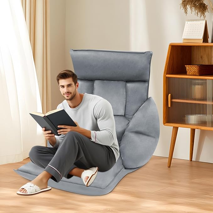 Eapmic Floor Chair, Lazy Sofa, Folding Chair Bed with 5-Position Adjustable Headrest & Backrest, Indoor Chaise Lounger, Gaming Recliner for Reading Gaming Meditation Living Bedroom (Grey)
