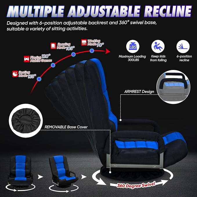 Swivel Gaming Chair 360 Degree Multipurpose Floor Chair w/Armrest & 6 Adjustable Postions Backrest for Adults & Kids, for Reading, Gaming, Watching, Relaxing, Blue