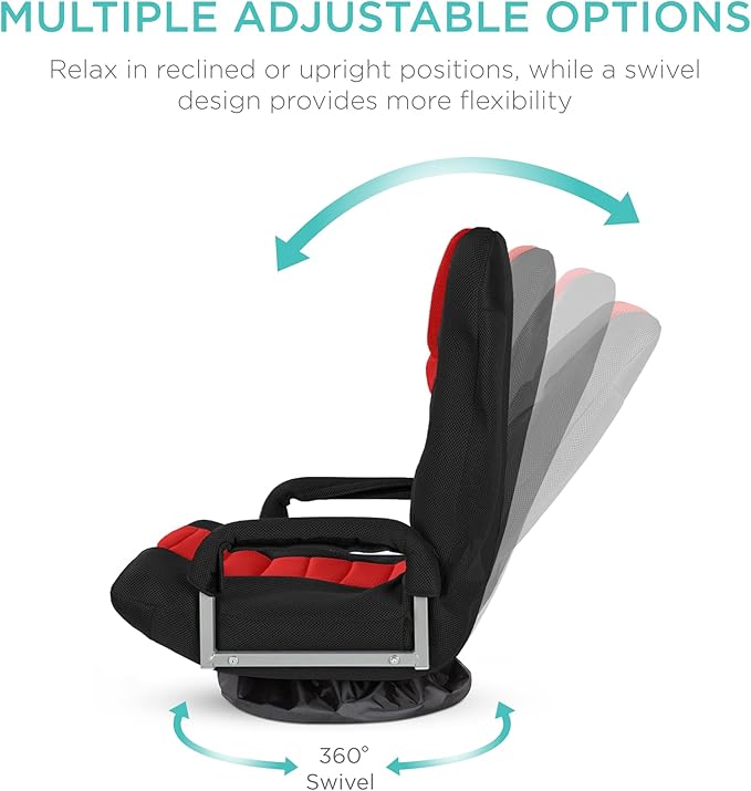 Best Choice Products Swivel Gaming Chair 360 Degree Multipurpose Floor Chair Rocker for TV, Reading, Playing Video Games w/Lumbar Support, Armrest Handles, Adjustable Foldable Backrest - Black/Red