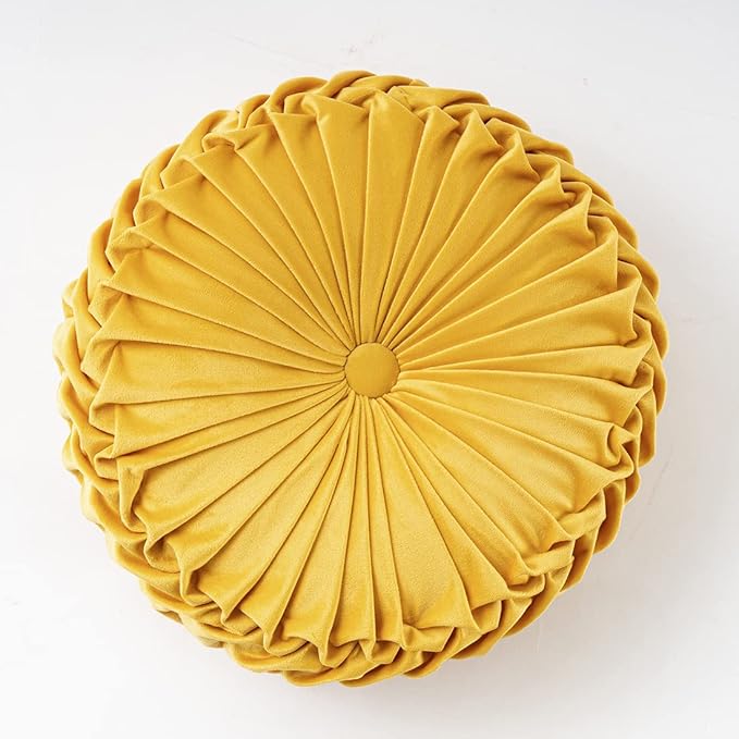 vctops Yellow Velvet Seat Cushions Round Floor Pillows Thicken Chair Cushions Pleated Chair Pads Seat Pad Throw Pillows for Bedroom Living Room (Yellow,Diameter 15")