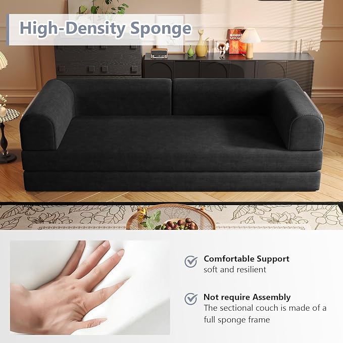 Convertible Sleeper Sofa Bed Boneless Cloud Comfort Black Futon Couch for Lounging & Sleeping, Removable & Washable Corduroy Sofa Cover, Floor Sofa Folding Mattress for Guests, Small Spaces