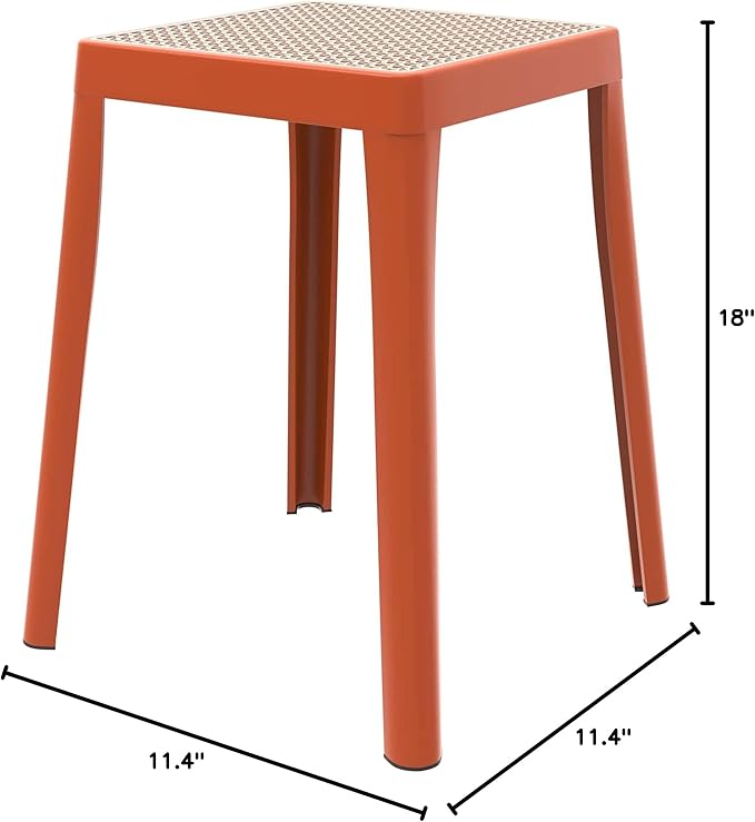 LeisureMod Stackable Square Plastic Dining Stool - Mid-Century Modern Backless Accent Stool with Wicker Top for Kitchen & Dining Room, Orange