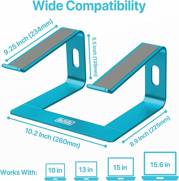 BLACK+DECKER Laptop Stand for Computer Desk, Ergonomic Laptop Stand for Desk, Lap top Riser Compatible with Macbook Notebook, Lap top Holder, Durable Aluminum Computer Riser Accessories, LochNess Blue