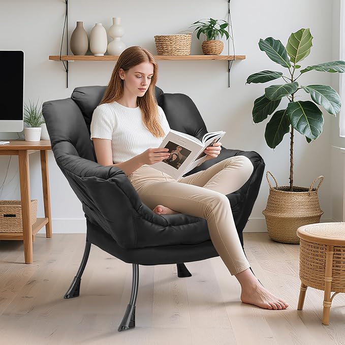 TLSUNNY Lazy Chair, Modern Comfy Lounge Accent Chair, Large Sofa Armchair with a Side Pocket, Leisure Reading Chair for Bedroom, Living Room, Dorm (Black)