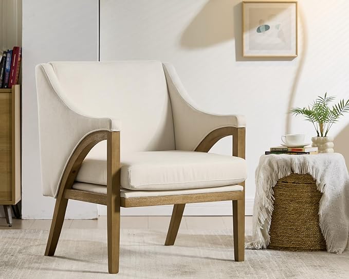 CIMOTA Mid Century Modern Accent Chairs Set of 2 with Barrel Back, Upholstered Armchair Comfy Reading Chairs with High-Rebound Foam Seat, Solid Wood Legs for Living Room/Bedroom, Linen Fabric, Beige