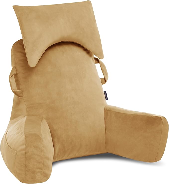 Unisakey Portable Reading Pillows with Headrest for Bed Sitting Up(Camel Oeko-Tex), Velvet Back Pillow with Arms & Pockets for Adults, Support Memory Foam Bed Pillow for Dorm/Reading/Watching/Gaming