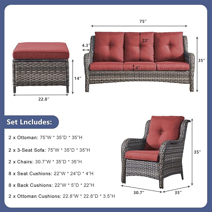 Rilyson Wicker Patio Furniture Sofa Set - 6 Piece Rattan Outdoor Patio Sectional Conversation Sets with 2 Sofa,2 Armrest Chairs and 2 Ottomans for Porch Deck Garden(Mixed Grey/Red)