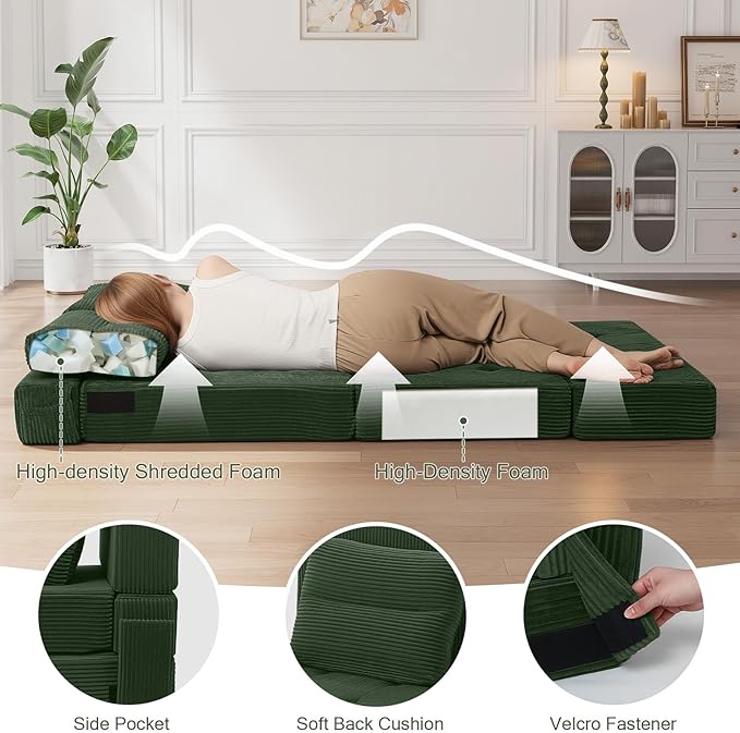 COMAX Folding Sofa Bed, Foldable Couch for Bedroom, Convertible Floor Sleeper Futon Chair Foam, Corduroy 3 in 1 Fold Out Chair Portable Comfy Lounge Couch Sofa Bed for Small Space, Twin, Green